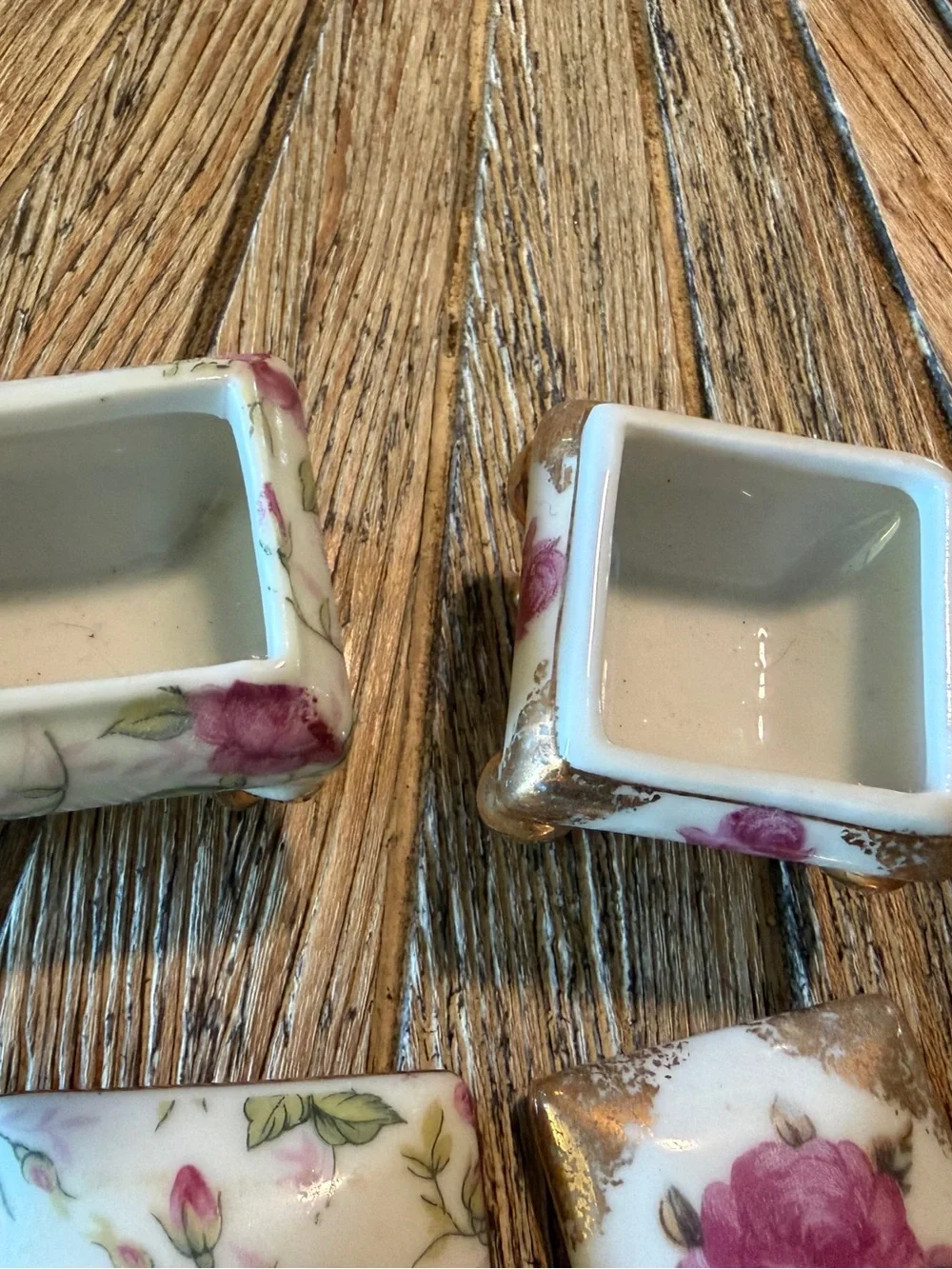 Pair Vintage Mini Porcelain Footed Trinket Boxes Pink Rose Floral Gold ring box